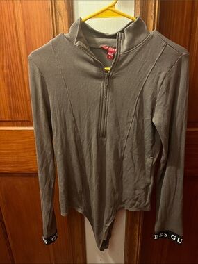 Guess Taupe Ribbed Half-Zip Bodysuit large
